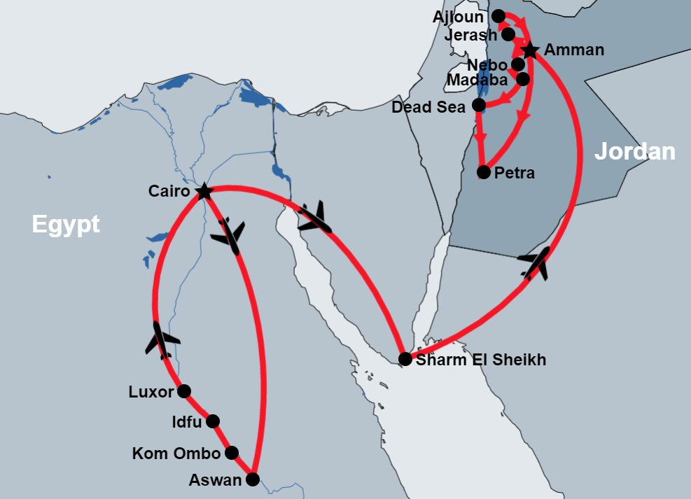 15 Day Jordan Holidays and Egypt Nile Tours map 15 Day Jordan Holidays and Egypt Nile Tours map